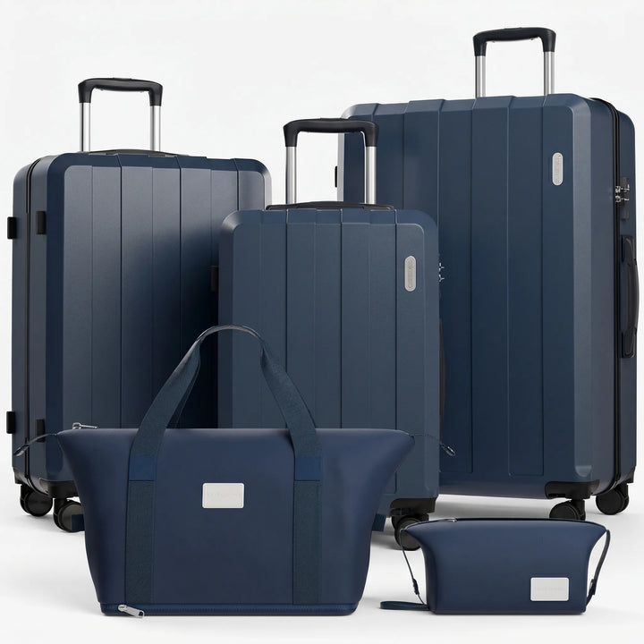 Organiserat 5-delat resväskset med flera storlekar och necessär för effektiv packning.