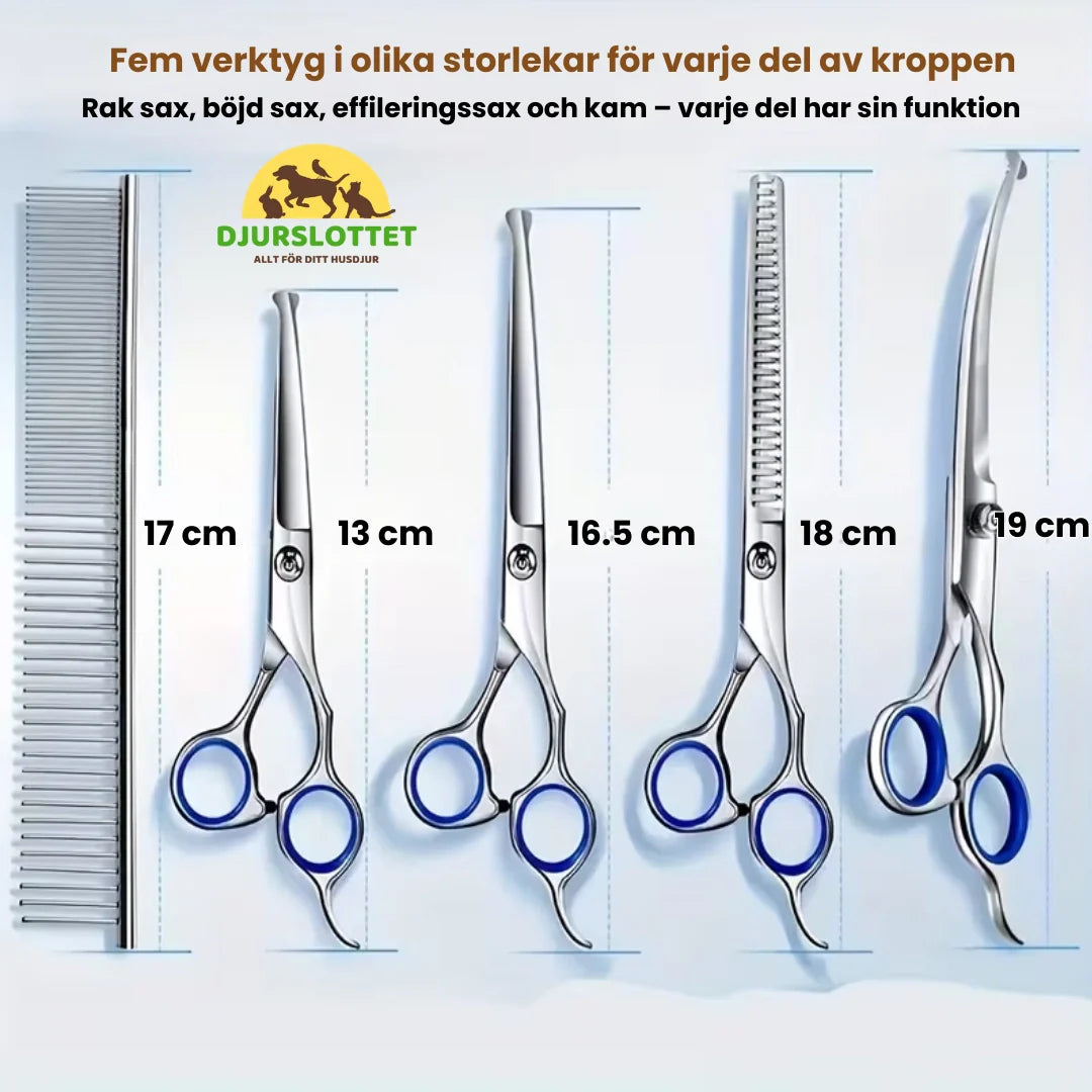 Groomingkit för hund och katt i rostfritt stål, med effileringssax, rak och böjd sax för all pälsvård.