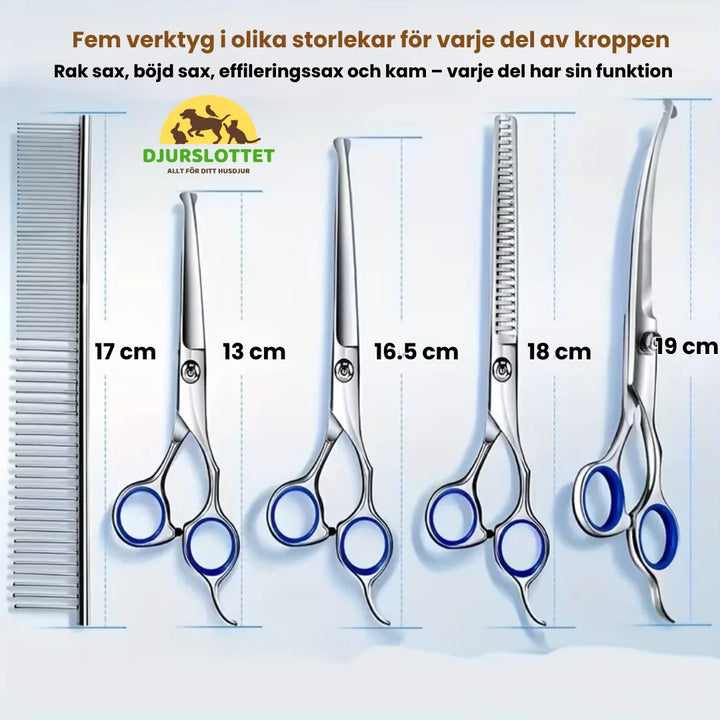 Groomingkit för hund och katt i rostfritt stål, med effileringssax, rak och böjd sax för all pälsvård.