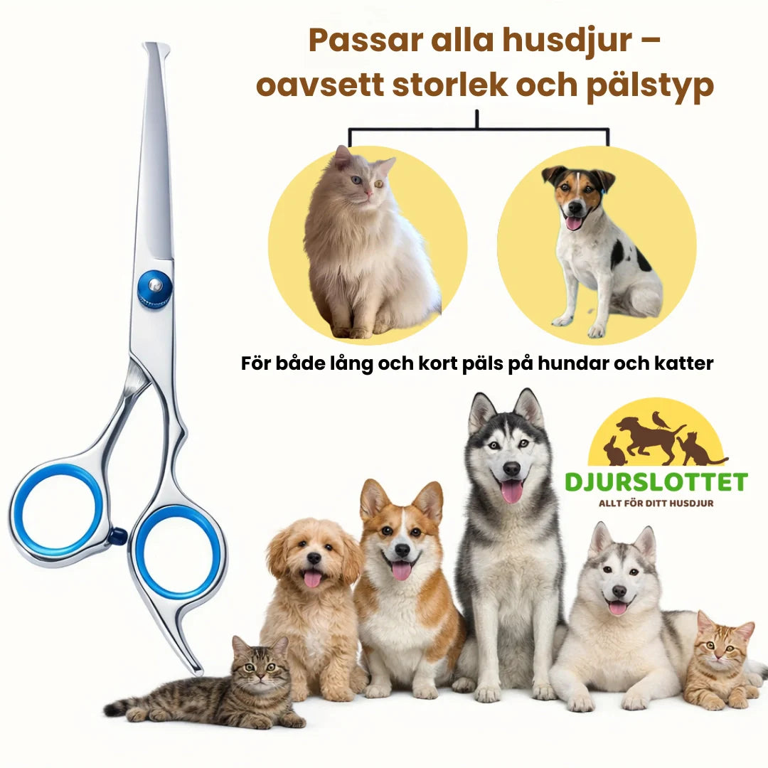 Effileringssax i trimningskitet för hund och katt, idealisk för skonsam urtunning av päls vid hemmatrimning.