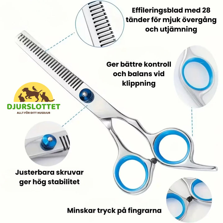 Hela trimsetet för hund och katt, med saxar i rostfritt stål för effektiv hemmatrimning och djurvård.