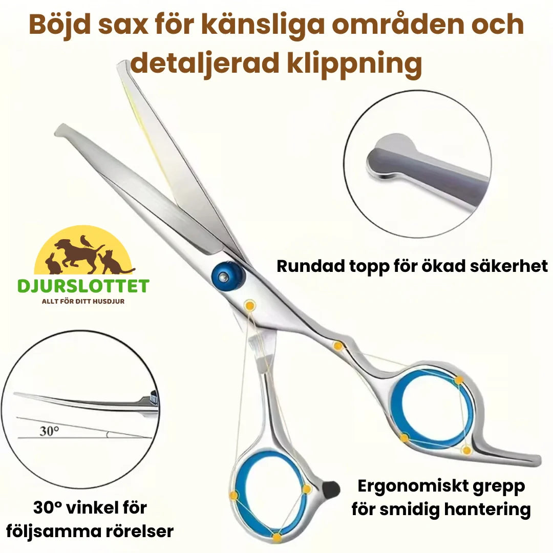Pälsvårdskit med hundsaxar av rostfritt stål. Inkluderar effilerings-, rak- och böjd sax för komplett trimning.