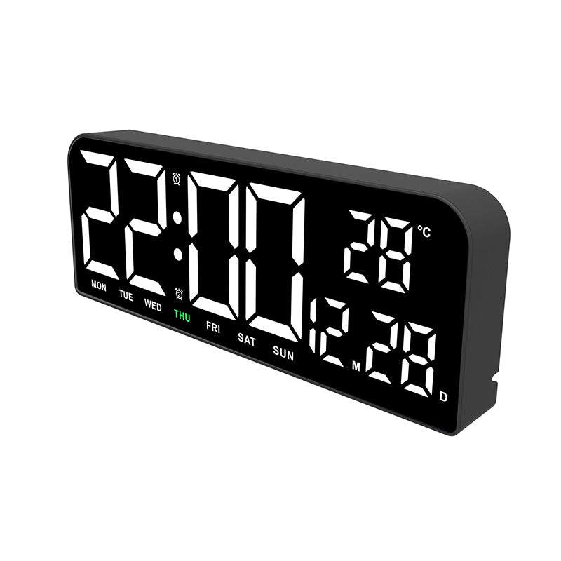 "Könsneutral LED väckarklocka med stor HD-skärm, stilren design och multifunktionell display."