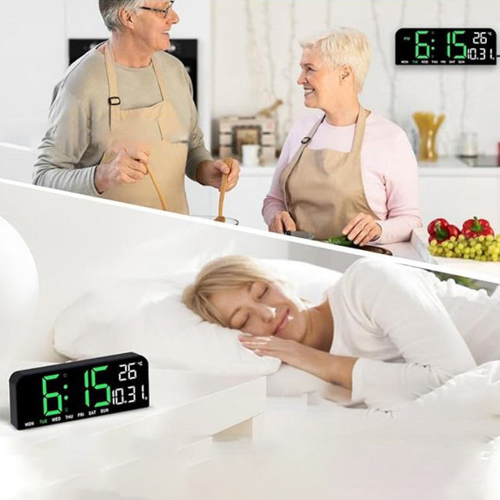 "Könsneutral LED väckarklocka med stor HD-skärm, stilren design och multifunktionell display."