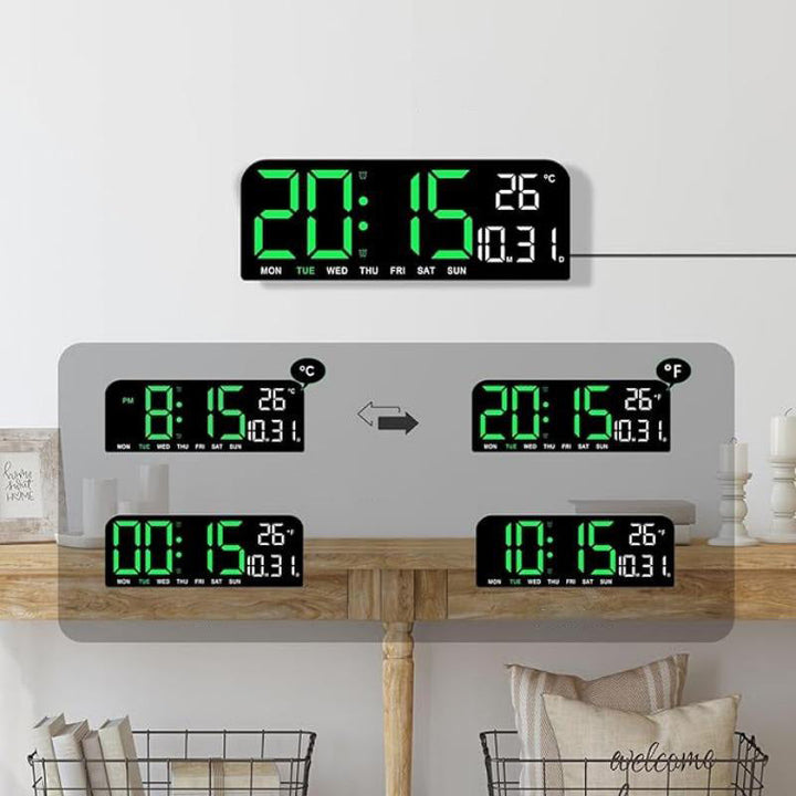 "Könsneutral LED väckarklocka med stor HD-skärm, stilren design och multifunktionell display."