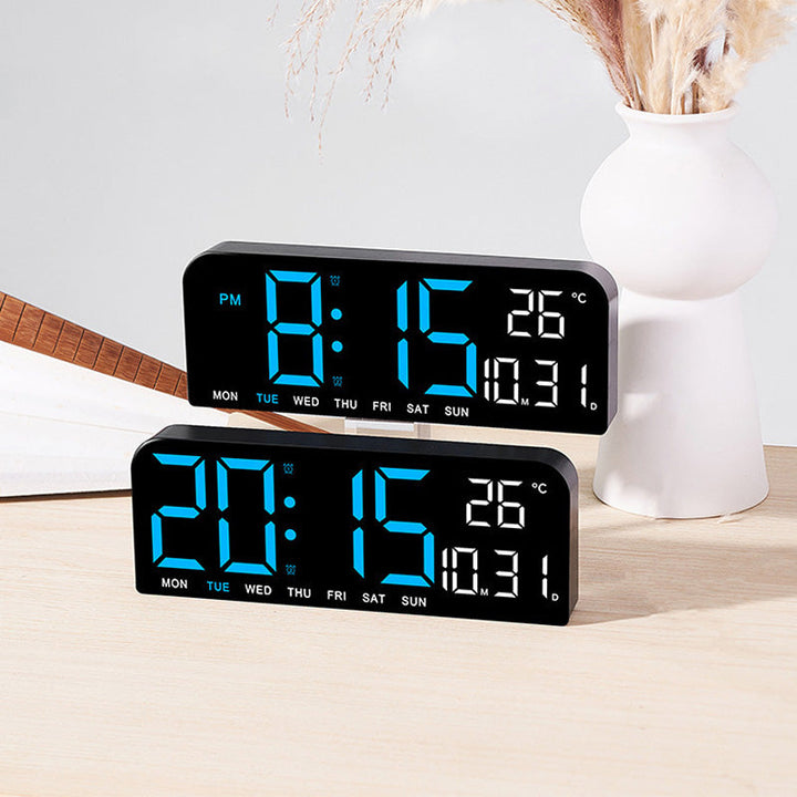 "Könsneutral LED väckarklocka med stor HD-skärm, stilren design och multifunktionell display."