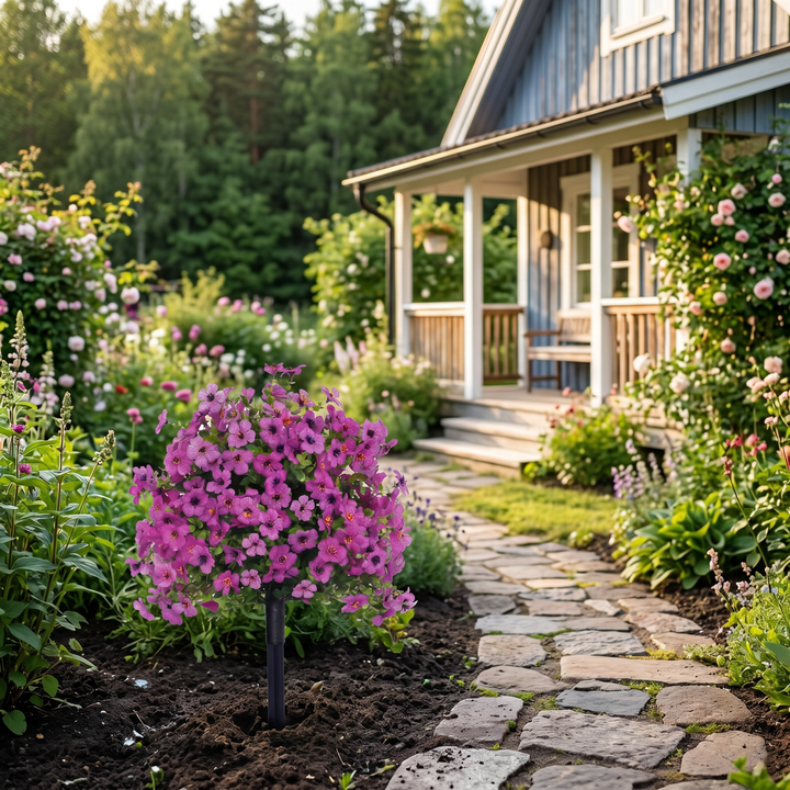 Rosa konstblomma placerad i rabatt framför ett svenskt trähus