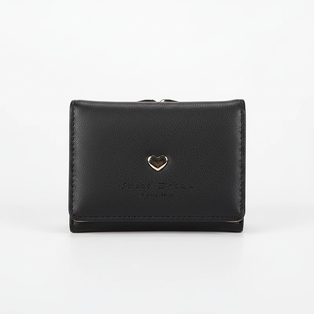 Elegant liten damplånbok i PU-läder, perfekt accessoar med unik hjärtformad dragkedja.