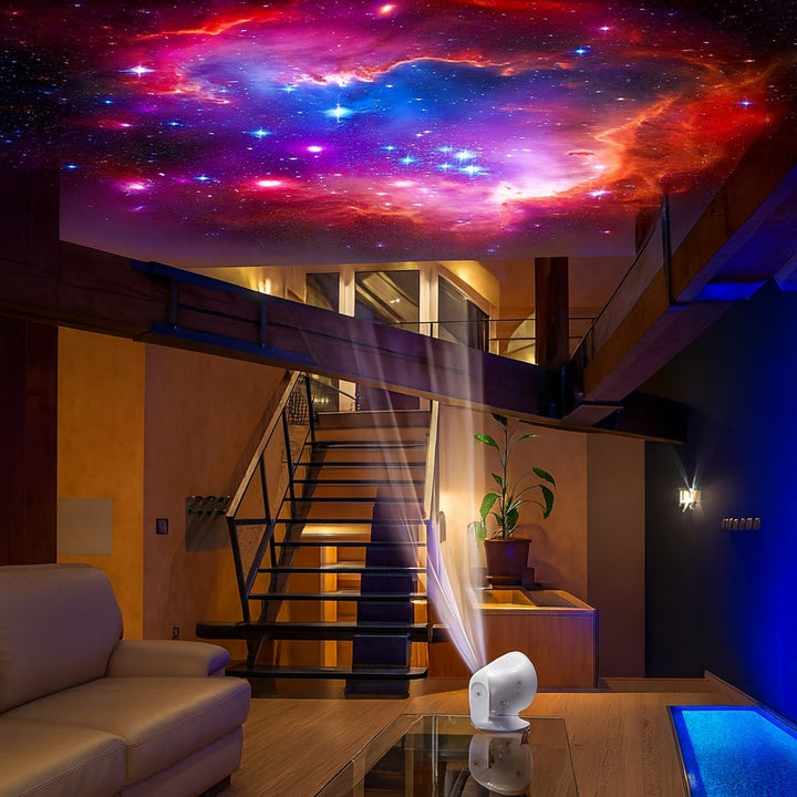 Stjärnhimmel projektor som lyser upp ett vardagsrum med galaxer