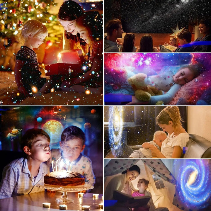 Stjärnhimmel projektor i drift som sprider färgglada nebulosor och stjärnor i ett mörkt sovrum.