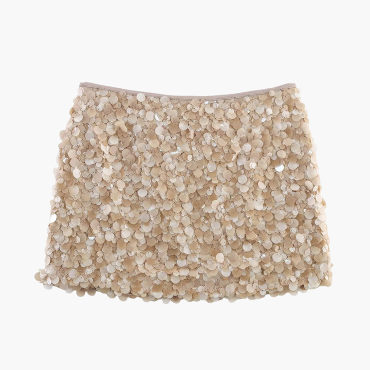 Elegant paljettkjol för kvinnor i krämvitt, minilängd. Glittrig festkjol med justerbar midja, trendig.