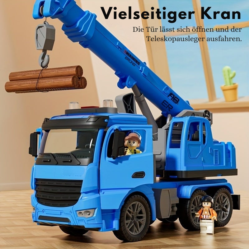 En blå leksakslastbil med kran som visar detaljer som öppningsbara dörrar.