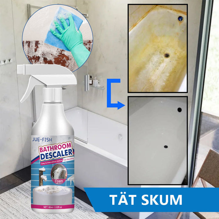 "Kraftfull badrumsskumrengörare mot smuts, fläckar och lukt. Lila flaska med vit text och skum som bildas."