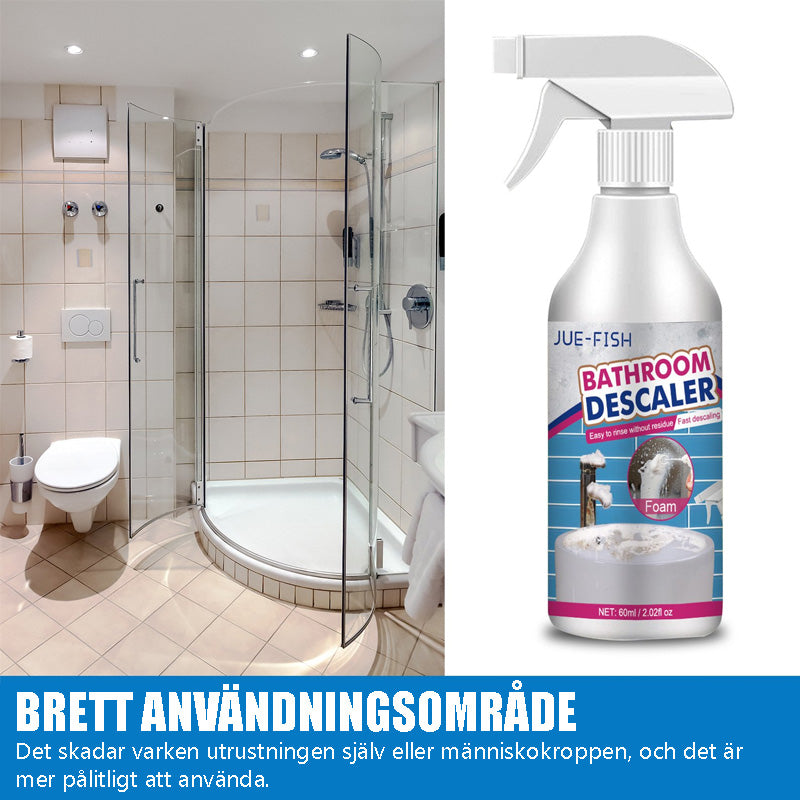 "Kraftfull badrumsskumrengörare mot smuts, fläckar och lukt. Lila flaska med vit text och skum som bildas."