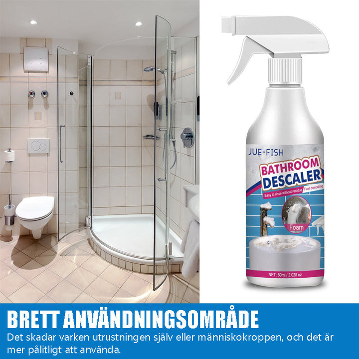 "Kraftfull badrumsskumrengörare mot smuts, fläckar och lukt. Lila flaska med vit text och skum som bildas."