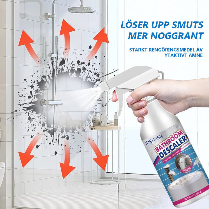 "Kraftfull badrumsskumrengörare mot smuts, fläckar och lukt. Lila flaska med vit text och skum som bildas."