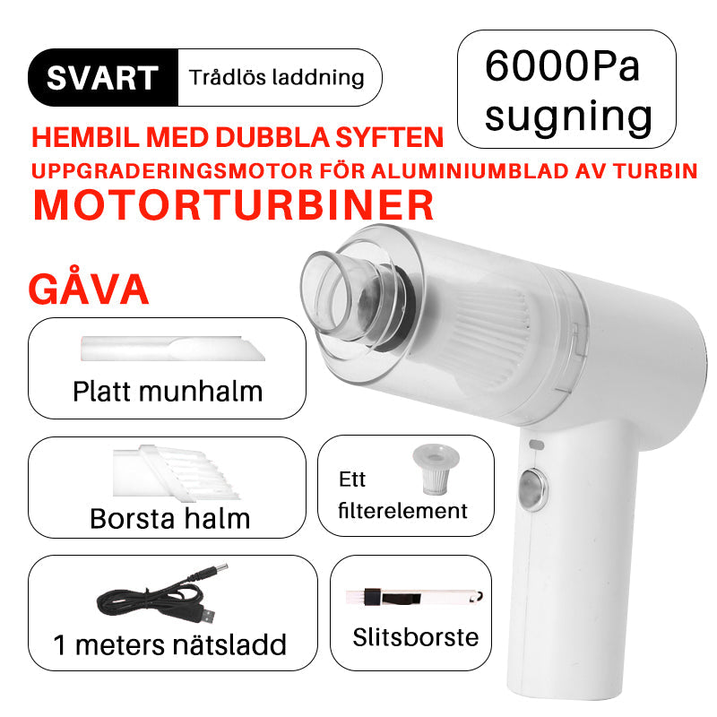 Kraftfull trådlös vit mini dammsugare för hem och kontor, idealisk för rengöring av smala utrymmen och fönster.