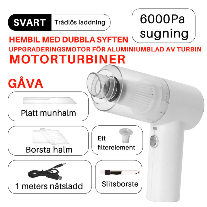 Kraftfull trådlös vit mini dammsugare för hem och kontor, idealisk för rengöring av smala utrymmen och fönster.
