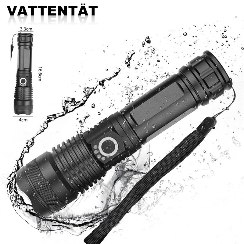 "Kraftfull vattentät LED-ficklampa i aluminium med uppladdningsbar funktion, perfekt för äventyr och dåliga väderförhållanden