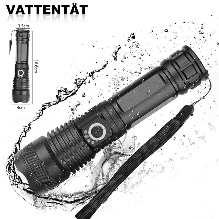 "Kraftfull vattentät LED-ficklampa i aluminium med uppladdningsbar funktion, perfekt för äventyr och dåliga väderförhållanden