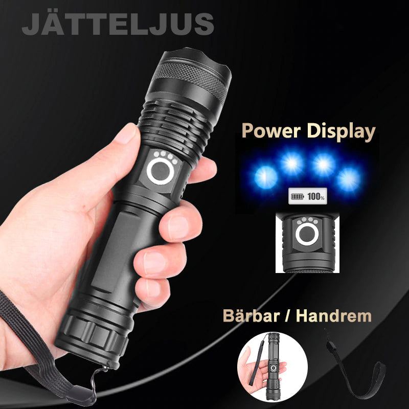 "Kraftfull vattentät LED-ficklampa i aluminium med uppladdningsbar funktion, perfekt för äventyr och dåliga väderförhållanden