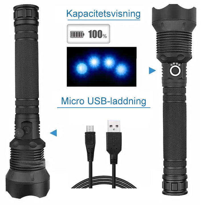 "Kraftfull vattentät LED-ficklampa i aluminium med uppladdningsbar funktion, perfekt för äventyr och dåliga väderförhållanden