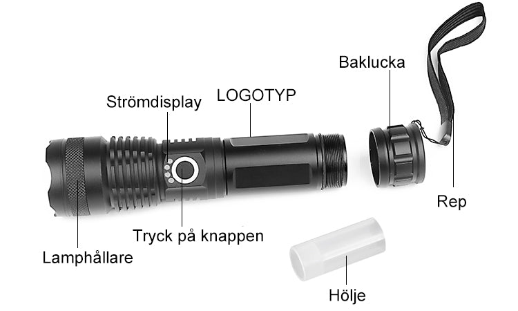 "Kraftfull vattentät LED-ficklampa i aluminium med uppladdningsbar funktion, perfekt för äventyr och dåliga väderförhållanden