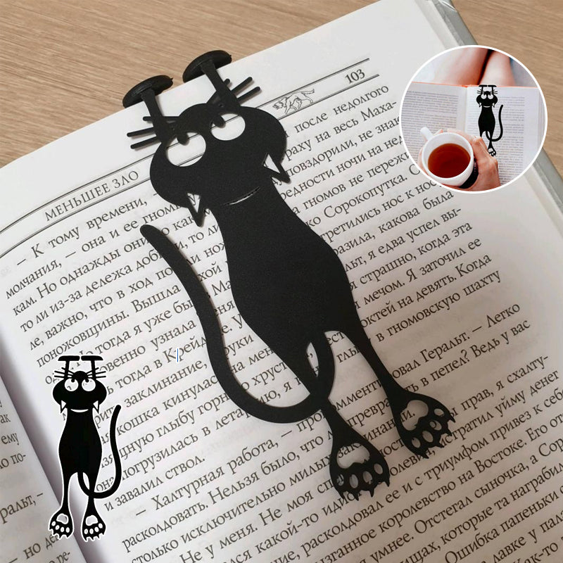 "Kreativt utklippt svart kattbokmärke i elegant siluett, perfekt för bokälskare och som present till kattälskare."