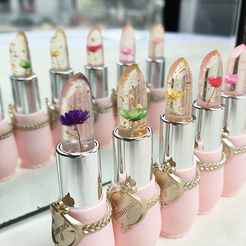 "Kristallgeléblomma färgskiftande läppstift, unikt och elegant med blomma inuti, vårdande naturliga ingredienser."