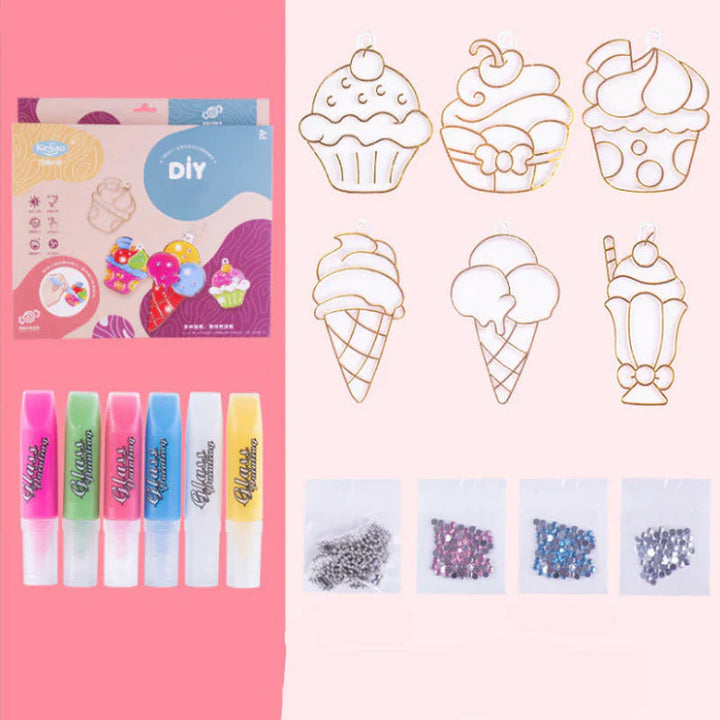 "Kristallmålning DIY Kit med 6 färgglada hängen, barn som skapar konstverk och dekorerar med diamanter."