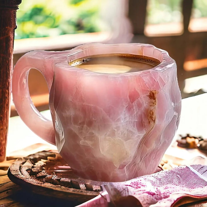 Rosa kristallmugg i rosenkvartsstil på ett träfat med kaffe
