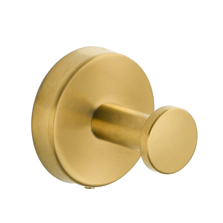 Krokar med sugpropp i rostfritt stål, visade i svart, silver och guld, perfekta för badrum och kök.