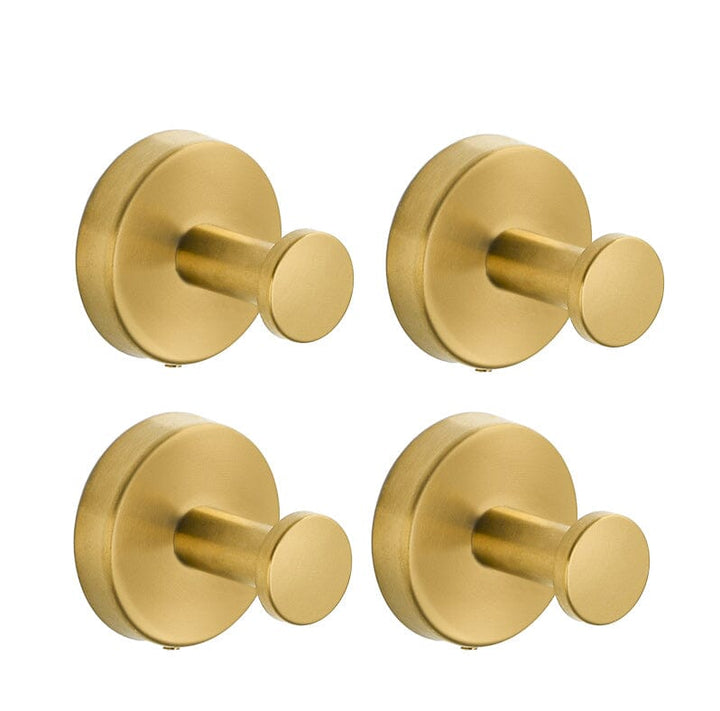 Krokar med sugpropp i rostfritt stål, visade i svart, silver och guld, perfekta för badrum och kök.