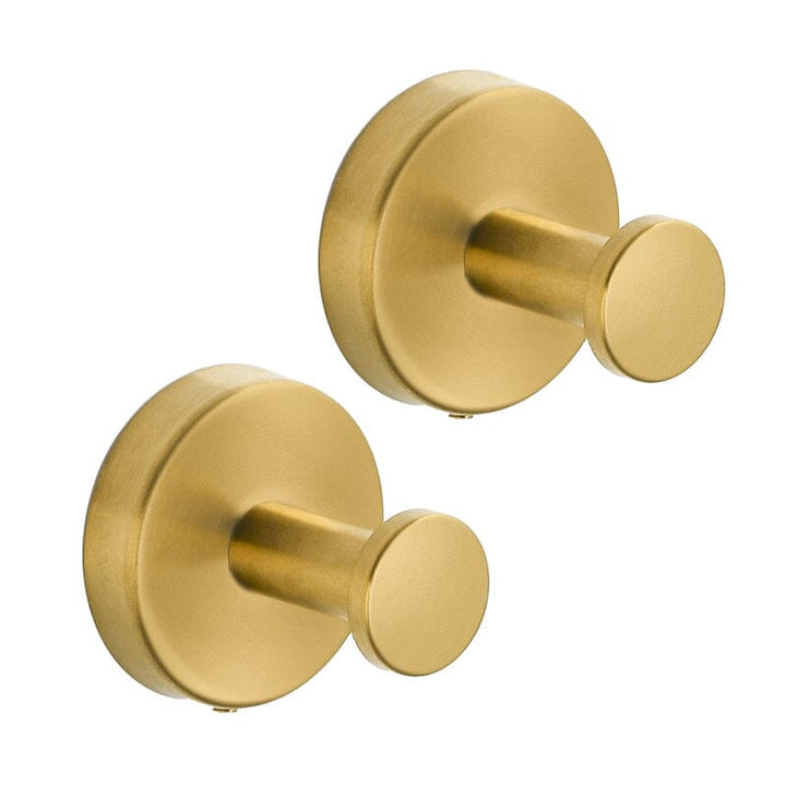 Krokar med sugpropp i rostfritt stål, visade i svart, silver och guld, perfekta för badrum och kök.