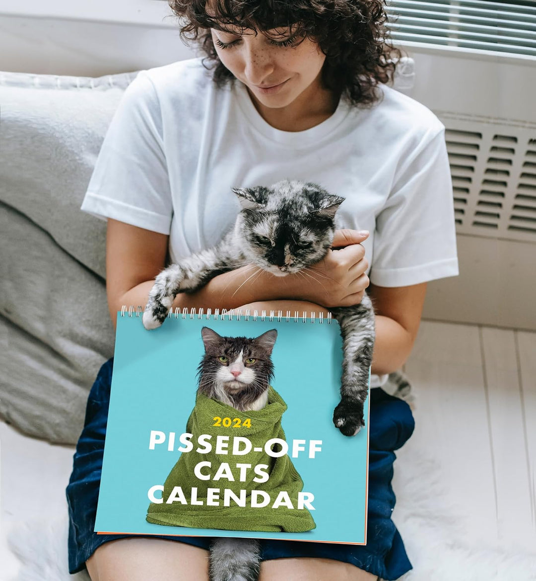 "Kul 2024 kalender med ilskna katter, humoristiska kattbilder, perfekt för kattälskare, dekorativ och funktionell."