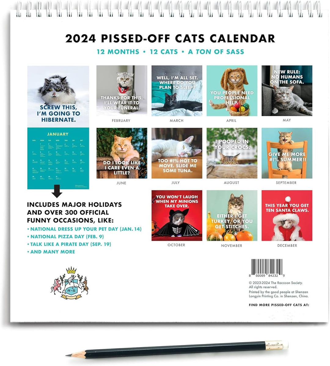 "Kul 2024 kalender med ilskna katter, humoristiska kattbilder, perfekt för kattälskare, dekorativ och funktionell."
