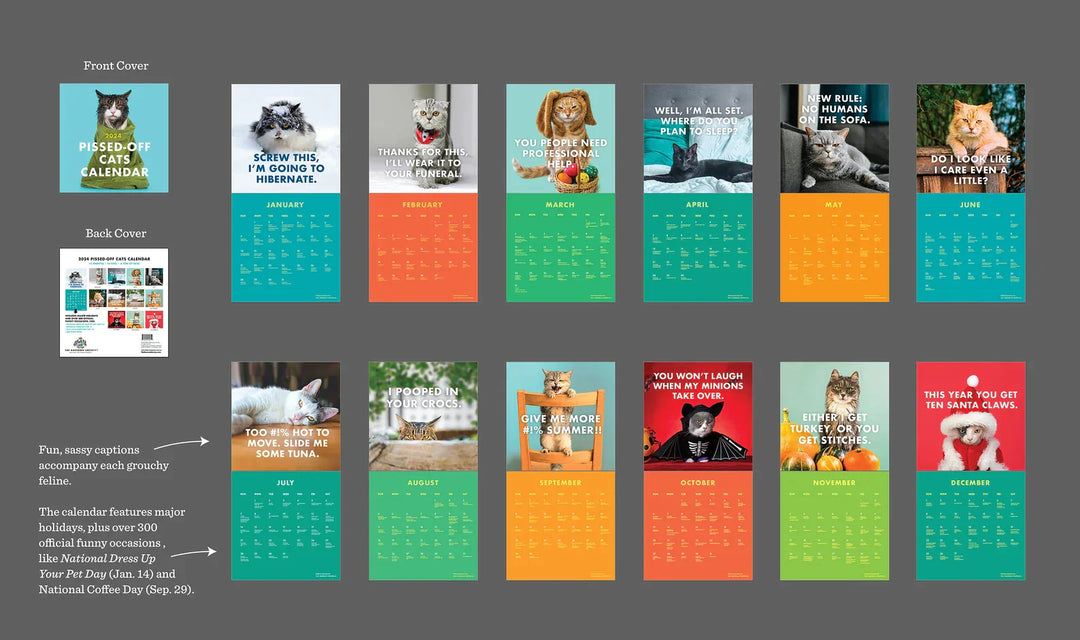 "Kul 2024 kalender med ilskna katter, humoristiska kattbilder, perfekt för kattälskare, dekorativ och funktionell."