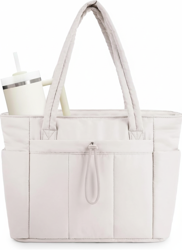 Vattentålig PuffBag axelväska för kvinnor, med laptopfack och smart mugghållare. Stilren design.