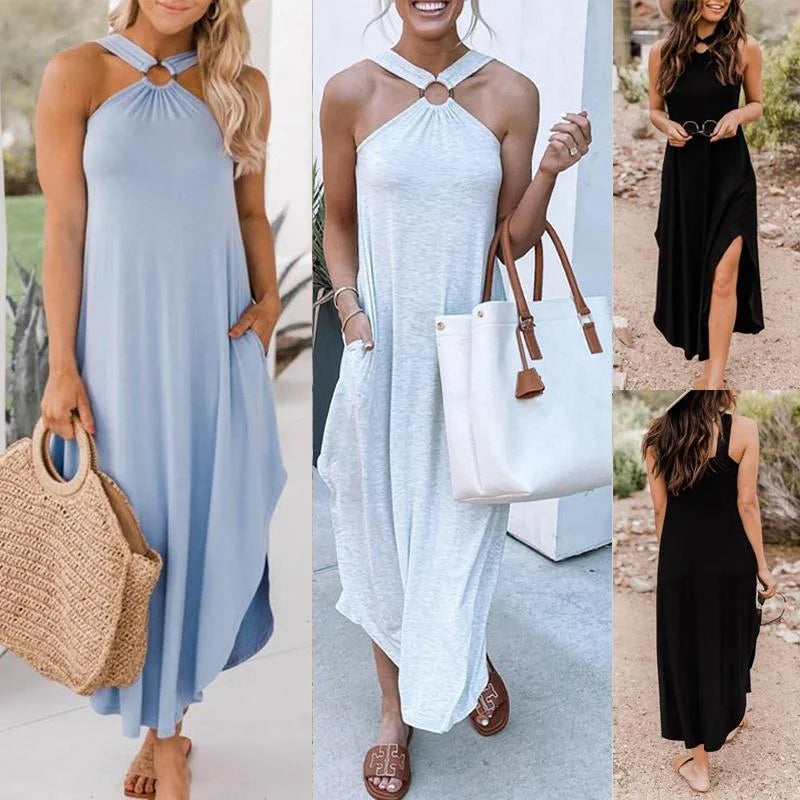 "Kvinna i elegant halterneck sommarklänning med utsvängd fåll, betonar feminin stil och smickrande siluett."