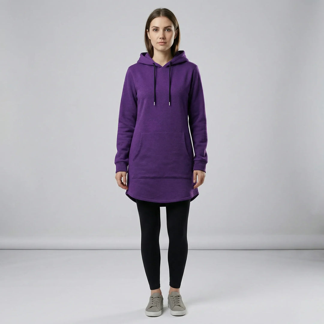 Snygg hoodieklänning med känguruficka för kvinnor, en avslappnad tunika för vardag och fritid.
