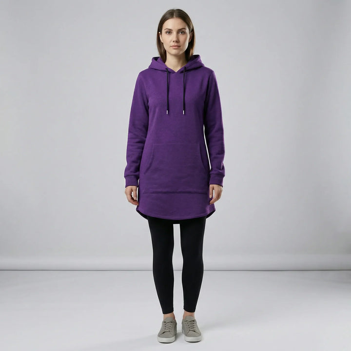 Snygg hoodieklänning med känguruficka för kvinnor, en avslappnad tunika för vardag och fritid.