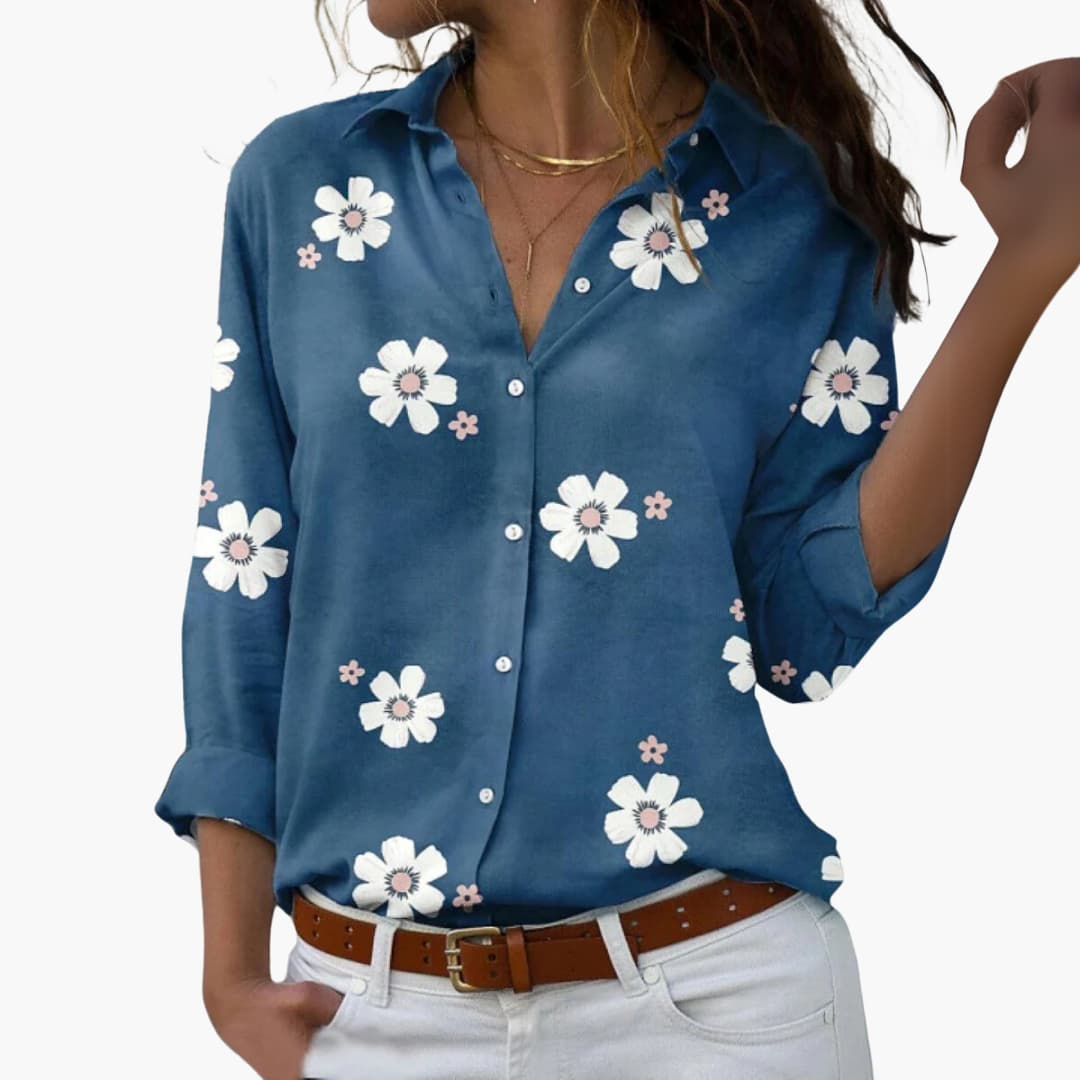 Trendig kortärmad kvinnors blus med färgglatt blommönster, bekväm och luftig för sommarens outfits.