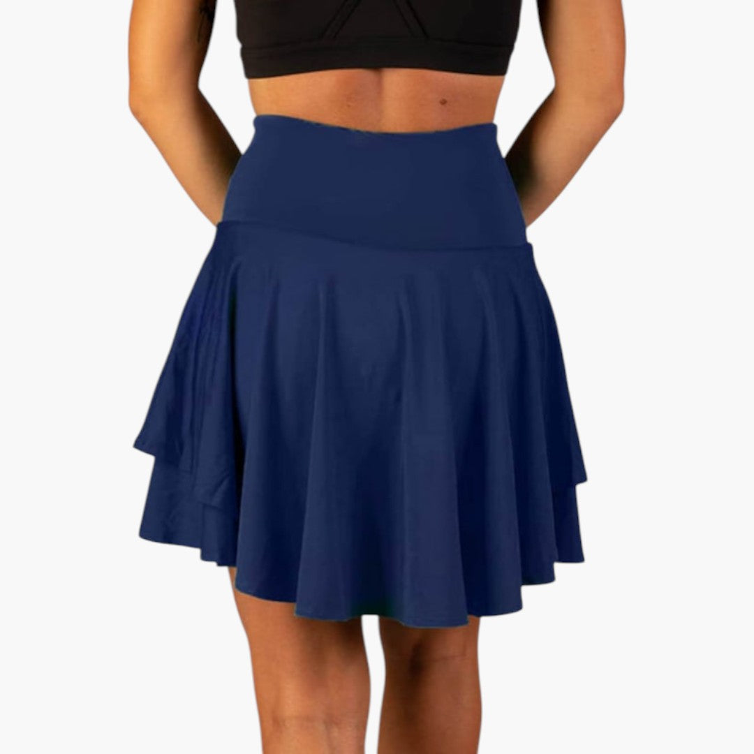 Svarta 2-i-1 sportskort för kvinnor, hög midja och inbyggda shorts med praktisk ficka.