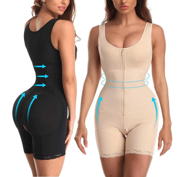 "Kvinnors svart slimmad bodysuit med dragkedja, erbjuder sömlös passform och kompression för elegant siluett."