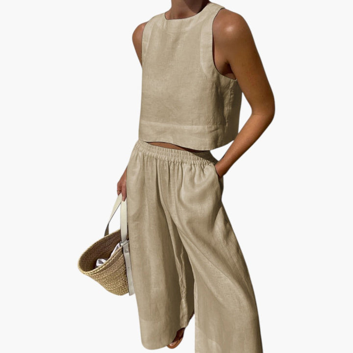 Kvinnors tvådelade set: Ärmlös crop top och vida byxor, perfekt för sommar och fritid.