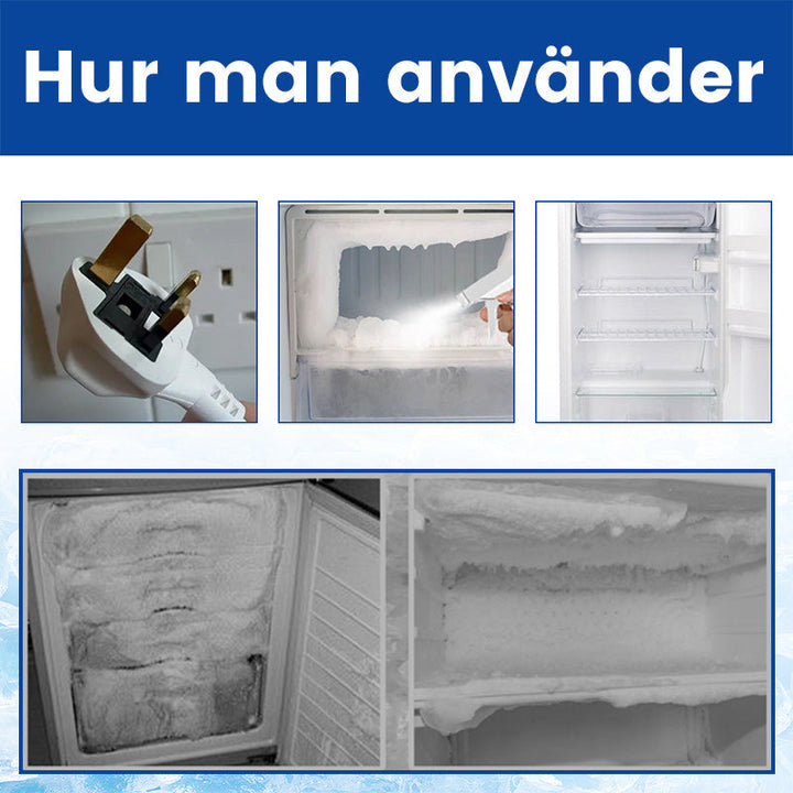 Kylskåp avfrostare och isborttagare med sprayflaska, effektiv borttagning av is, energieffektiv drift, säker och miljövänlig.