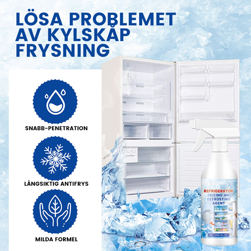 Kylskåp avfrostare och isborttagare med sprayflaska, effektiv borttagning av is, energieffektiv drift, säker och miljövänlig.
