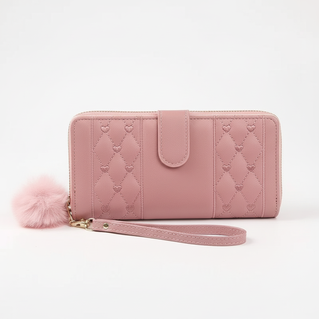 Modern PU-läder plånbok för damer med charmig hjärtdekor. Elegant design och färgrik modeaccessoar.