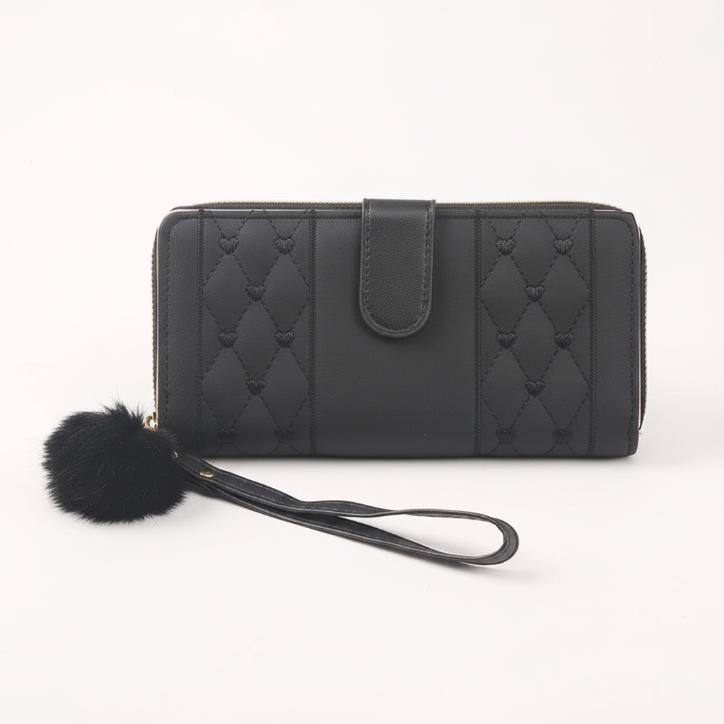 Stilren lång damplånbok i PU-läder med vackert hjärtmönster. En färgrik och elegant modeaccessoar.