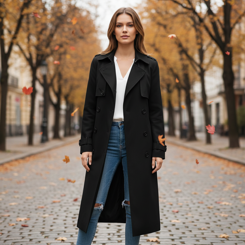 Lång elegant damtrenchcoat "Fiona". Klassisk höst- & vinterkappa för tidlös stil.